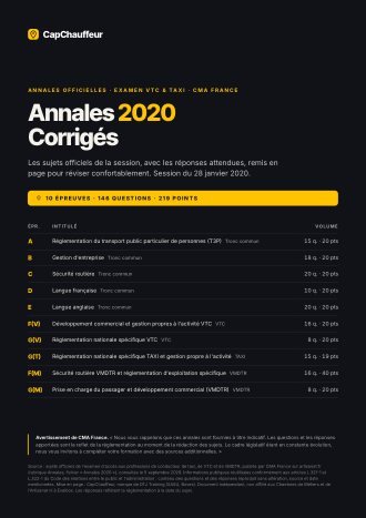 Annales officielles, Annales 2020 · corrigés, pour l'examen VTC et TAXI (34 pages)