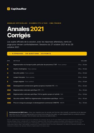 Annales officielles, Annales 2021 · corrigés, pour l'examen VTC et TAXI (36 pages)