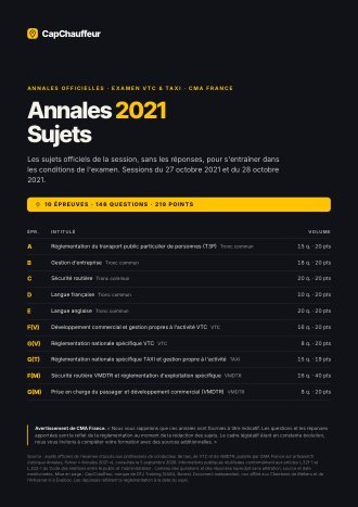 Annales officielles, Annales 2021 · sujets, pour l'examen VTC et TAXI (36 pages)