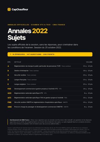 Annales officielles, Annales 2022 · sujets, pour l'examen VTC et TAXI (37 pages)